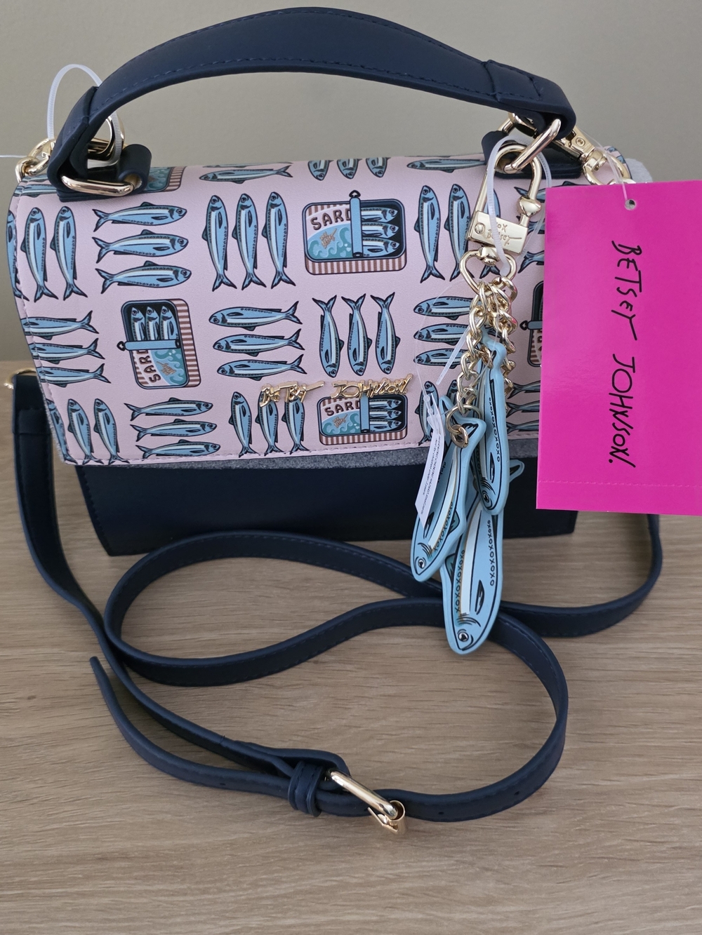 Betsey Johnson Pink & Navy Sardine Print Crossbody Bag